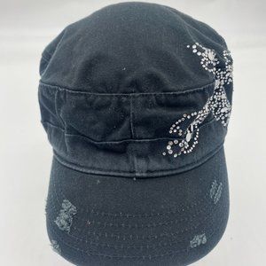 Mega Cap Womens Black Cotton Rhinestone Adjustable Cap Hat One Size
